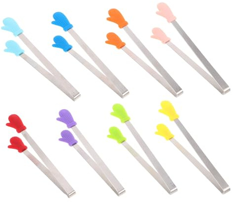 SILENRADAWN Pinzas para Servir Mini de Acero Inoxidable y Silicona, 8 Piezas Multicolor, Pinzas para Barbacoa, Aperitivos y Cubitos de Hielo, Utensilios de Cocina Portátiles para Uso
