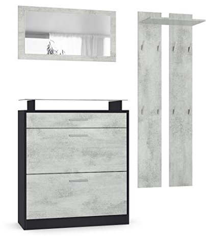 Vladon Loret Mini Hallway Set, with 1 Shoe Cabinet, 1 Wall-Mounted Mirror and 2 Coat Rack Panels, Black matt/Concrete Grey Oxide