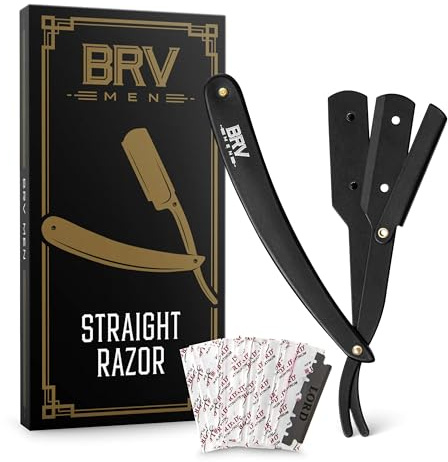 BRV MEN Professional Straight Edge Barber Razor w/ 100 Single Edge Razor Blades | Straight Razors for Men | Barbershop Accessories | Mens Shaving Knife & Shavette - Black