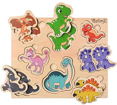 PikatoyZ Pussel för barn i åldrarna 1, 2 och 3 år. Ett pedagogiskt spel som passar utmärkt som jul- eller födelsedagspresent. Barnleksak av dinosauriepussel. Träpussel för bebisar, pojkar och flickor
