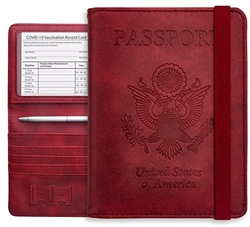 WALNEW Passport Holder Wallet, RFID Blocking Passport Cover Case PU leather Card Holder with Pen and Clear Card Slot for Women Men, Red