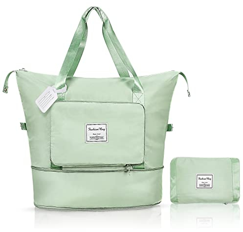 flintronic Reisetasche Damen, Faltbare Reisetasche, Sporttasche, Handgepäck Tasche, Wasserdicht Travel Bag Duffle Bag, Trainingstasche, Handtasche für Sport & Reisen (Mit 1 Gepäckanhänger)-Grün