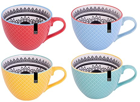 YöL Set Of 4 Mugs Bohemian Modern Design Embossed Mugs New Bone China Coffee Tea Cups Mug Set Stylish Trendy Boho