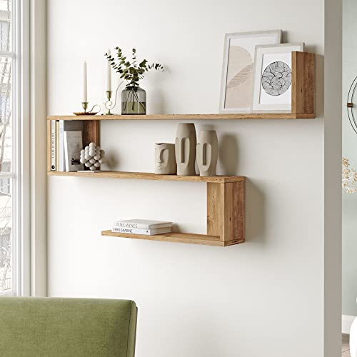 [en.casa] Estantería de Pared Kitee de 3 Niveles Estantes Flotantes Moderna Librería para Salón Oficina Pasillo Decoración Dormitorio Aglomerado 120 x 15 x 72 cm - Efecto Roble Rústico