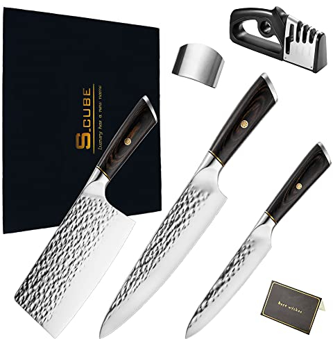 Küchenmessersets 5-teilig, Gehämmerte Klinge mit schwarzem Griff, 3 professionale Messer mit Fingerschutz, Messerschärfer, Geschenkbox und Geschenkkarte Hochwertiger Edelstahl, Ergonomischer Griff