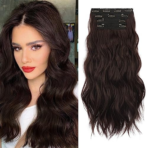 Sofeiyan Estensioni Capelli a Clip 4PCS Lunghi Ondulati Sintetici Posticci Extension Con Clip per Donne 50 cm Castano Scuro