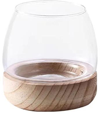 Klart Glas Fiskskål med Träbas, Mini Fiskskål Hydroponisk Blomstervas, Rund Glas Bubbla Skål Fiskskål Vas för Bord Mittpunkt Sovrum Vardagsrum Hemkontor Inredning(S)