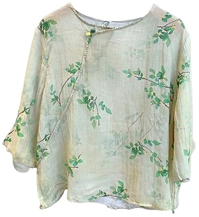 The Princess Bride Hanfu - Blusa holgada de lino, casual, manga 3/4, cuello en V, ropa tradicional china con botones de rana china, verano, A1- Parent