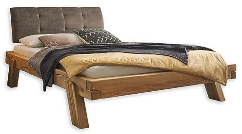 NILAS Modernes Massivholzbett 140x200 - Komfortables & hochwertiges Balkenbett mit gepolstertem Kopfteil - 151 x 97 x 225 cm (B/H/T)