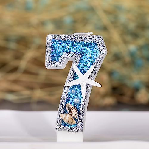 7,6 cm große Geburtstagskerzen Nummer 7 für Kuchen, mit Muschel, Perle, Seestern, Pailletten, Zahlenkerzen für Geburtstagsparty, Hochzeit, Jahrestag, Dekorationen (blau, 7)