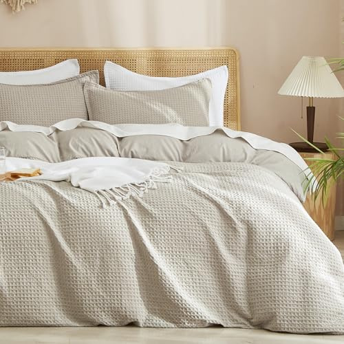 PHF Waffle Weave Duvet Cover Set Queen Size, No Snagging Ultra Soft Luxury Textured Breathable Comforter Cover for All Season 3pcs, Durable Bedding Duvet Set with 2 Pillow Shams, 90x90, Linen