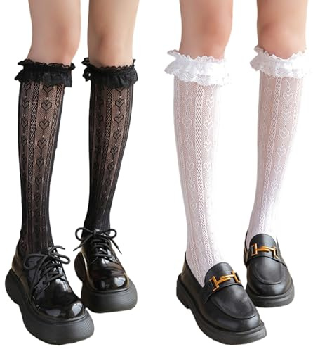 UICCVOKK 2 Pairs Knee High Lace Ruffle Socks for Women - Cute Frilly Stockings for Lolita, Sheer Fishnet Patterned Tube Socks for Ladies and Girls