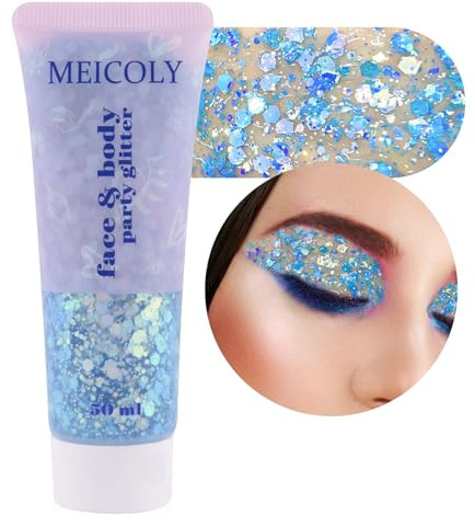 MEICOLY Chameleon Mermaid Blue Body Glitter,Chunky Face Glitter for Halloween,Color Changing Mermaid Glitter Face Paint,Glitter Sequins for Face Body Hair,Festival Party Cheer Glitter Makeup