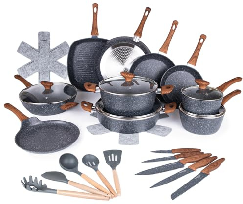 Pots and Pans Set Non Stick – Induction Hob Pot Sets – 35pcs Kitchen Cookware & Kitchen Knife Set – Marble Cooking Pots with Lids – Saucepans Pot & Frying Pans – by Nuovva