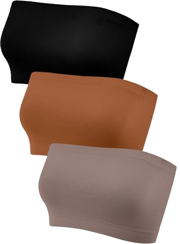 HESTYA Women's Strapless Bralette Bra Seamless Bandeau Soft Stretchy Non-Padded Bandeau Tube Top Sport Bra, 3 Pieces(X-Large,Black, Light Caramel, Light Brown)