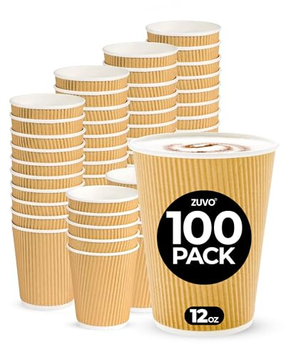Zuvo Coffee Cups 12 OZ - NO Lids - 100 Disposable Brown Ripple Coffee Cups - Ideal for Takeaways