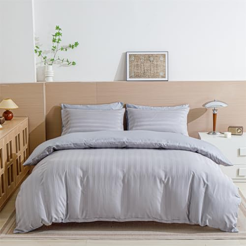 YASMENG Satin sängkläder 155 x 220 grå randiga sängkläder satin glänsande lyx påslakan-set mjukt sidensiden sängkläder 3 delar med dragkedja och 2 örngott 80 x 80 cm