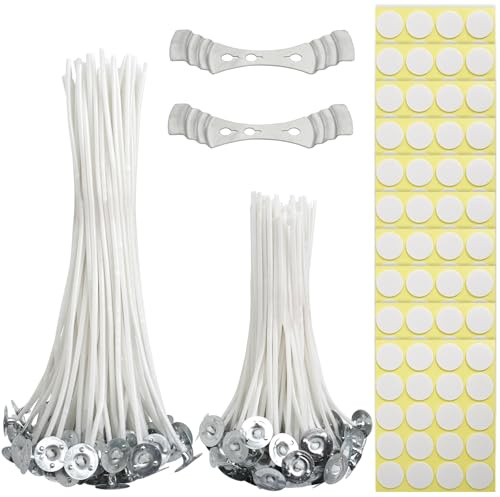 200 Pcs Candle Wicks for Making Candles, Candle DIY Material Wick With 2 Candle Wick Holders, 200 Wick Glue Sticker, Long Burning Candle Wicks Set with Metal Tabs for DIY Candles Crafts (10 cm, 15 cm)