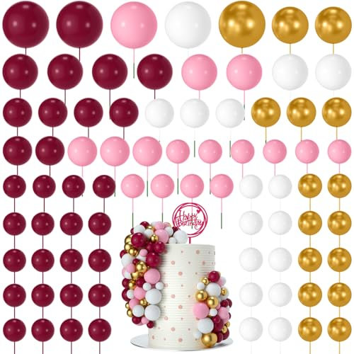 NACHLYNN 80 Pieces Balls Cake Topper Decorations Foam Ball Cake Decoration for Birthday Parties Weddings Baby Shower(Rosa Pink White Series)