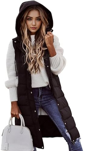 Runstarshow Women's Gilets Long Hooded Quilted Gilet Ladies Sleeveless Jacket Longline Padded Vest Winter Waistcoat Long Gilette Body Warmer with Hood Pockets Plus Size S-5XL