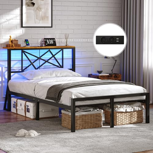 DICTAC LED Lit 90x200 en métal, Lits Simple avec tête LED et 2 Ports USB et Prise de Courant, Cadre de lit 90x200cm, Lits 1 Personne Une Place à Lattes, 32cm Espace de Rangement, Assemblage Simple