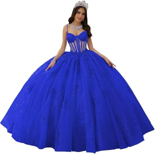Fuomomo Abiti Stile Quinceanera con Spalline Sottili Abiti Stile Quinceanera con Scollo a Cuore Applicazioni in Pizzo Abiti Scintillanti in Tulle per Adolescent MT041