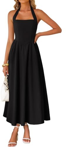 ZESICA Women's Summer Sleeveless Halter Midi Dress 2026 Off Shoulder High Waist Flowy Formal Wedding Guest Long Dresses Black X-Large