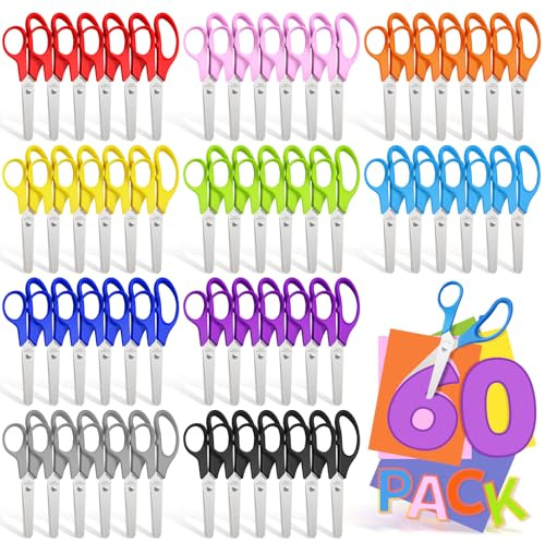 60 Pack Kids Scissors Bulk - 5 Safety Blunt Tip Craft Scissor for Preschool Kindergarten Elementary Classroom Cutting Paper, Comfort Grip, Back to School Supplies for Child Student Teacher, 10 Colors