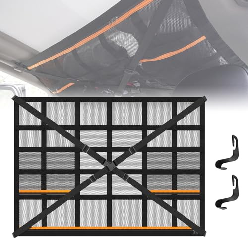 Red de Almacenamiento para Furgoneta Camper 90 × 65 cm, Red de Carga de Techo Universal, Camper Furgoneta Accesorios con 3 Bolsillos con Cremallera y 2 Ganchos, para Jeep SUV Caravanas