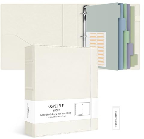 Ospelelf Vintage Hardcover 3 Ring 2 inch Leather Binder, Professional Binders Organizer Suitable for Letter Size Documents, Binder Dividers with Tabs, Beige