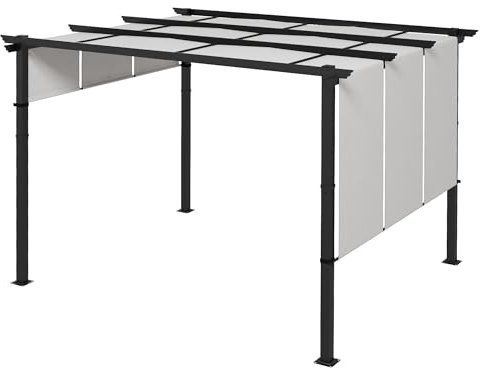 Outsunny Pergola avec 3 Toiles coulissantes, 3,5 x 3 x 2,35 m, Toile Polyester Haute densité Gris Clair Structure Acier Noir