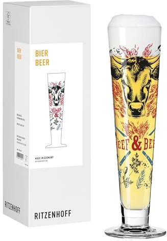 RITZENHOFF 8242001 Grill & Cook Verre à bière n° 1 avec motif de bœuf et bière Noir 330 ml Fabriqué en Allemagne