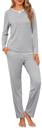 Jahetuul Ensemble Pyjama Femme Coton Hiver Chaud Haut Long à Manches Effet Superposé + Bas Uni Pyjama 2 Pièces Confort Détente Maison