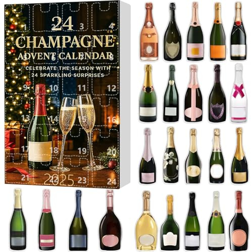 Lyxig adventskalender med 24 mini champagneflaskdekorationer, 24 dagar med julkalenderlådor, nedräkning för högtidsnedräkning displaybox, samlarobjekt, träddekorationer, julklappar