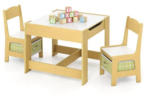 COSTWAY Tavolino Bambini 3 in 1, Set Tavolo e Sedie per Bambini con Lavagna Rimovibile e 2 Sedie con Cestini Portaoggetti, Scrivania Multiuso per Cameretta e Soggiorno (Verde)