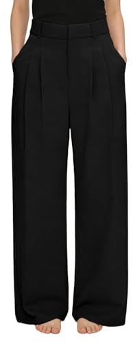 ZHAOCAI Wide Leg Trousers for Women UK High Waisted Casual Pants with Pockets Elastic Waist Loose Straight Leg Lounge Ladies Work Trousers for Office Business (UK, Alpha, M, Regular, Regular, Black)