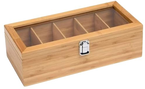 Porta bustine di tè - Organizer a scomparti in legno, scatola con coperchio trasparente con più divisioni, pratica soluzione per riporre cialde di caffè, confezioni di zucchero e bustine di tè, perfet