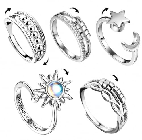 5Pcs Anxiety Ring for Women Silver Fidget Rings Adjustable Spinner Rings