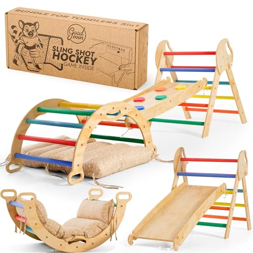 Goodevas Set 5-in-1 Montessori per arrampicata: triangolo da arrampicata per interni, arco da arrampicata con cuscino e scivolo per bambini, parco giochi al coperto 1-3 anni