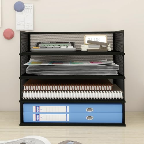 PUNCIA 4-Tier Widthways Desk Organiser Stackble Metal Mesh Paper Tray | A4 Letter File Sorter Desktop Document Magazine Holder Storage Rack for Home Office Study School Black