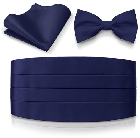 Platinum Hanger Mens Satin Cummerbund Bowtie Hanky set, 4 Pleat, Large Variety of Solid Colors Available (Navy)
