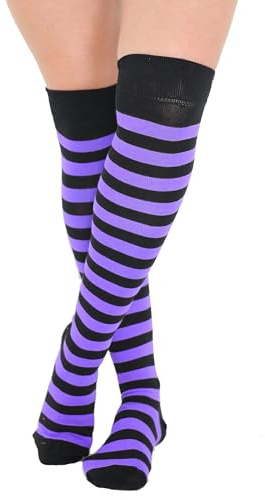Crazy Chick Chaussettes montantes pour femme et fille Rayures rayées au-dessus du genou Couleurs assorties Taille 37-39, Noir/violet, taille unique