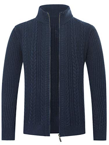Allthemen Cardigan Homme Hiver Chaud Veste en Maille Zippé Décontracté Gilet Pull Tricoté Automne Manteau Couleur Unie avec Col Montant Bleu Marine M