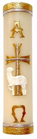 Unique Paschal Gold-Tone Candle Alpha Omega Cross Sheep
