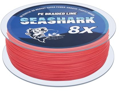 Seashark Ligne de pêche tressée Couleur ne se décolore jamais 8 brins Super résistante en polyéthylène Ligne de pêche résistante à l'abrasion Fil de pêche à haute résistance 6 lb à 36 kg (Rouge, 6,8