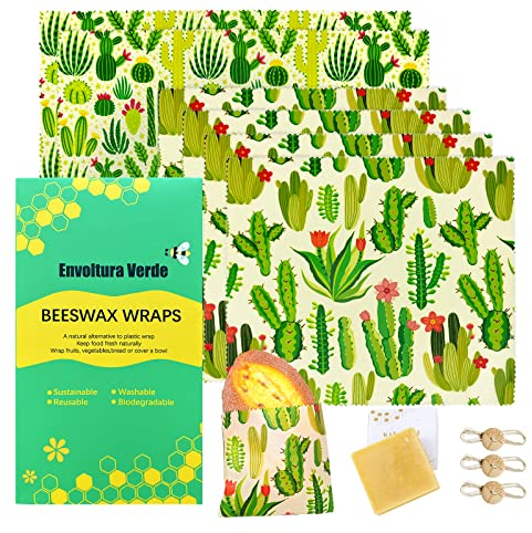 Organic Beeswax Food Wraps - Certified Organic Cotton - Plastic & Silicone Free - Biodegradable & Washable - Sustainable Kitchen Food Storage 6 Pack with 3 Sealing String and Wax Blocks