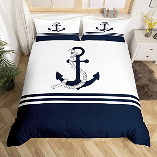Ancla Décor - Juego de cama de 200 x 200 cm, diseño náutico, juego de funda nórdica La Mer Côtera, funda de edredón transpirable, mar aventura, azul y blanco