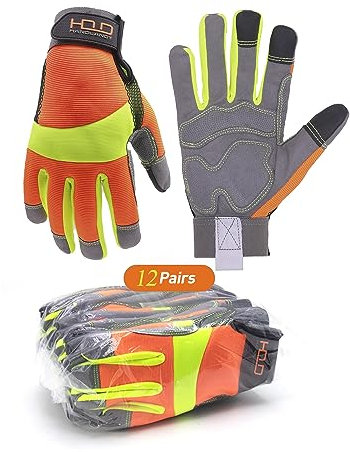 HANDLANDY Bulk 12 Pairs Anti Vibration Gloves Hi-vis Reflective Safety Work Gloves, Touch Screen, Flexible Spandex Back Anti Vibrant Gloves (M, Orange)