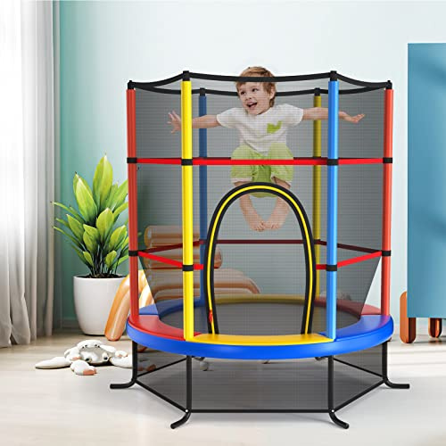 GYMAX Trampolino da Esterno per Bambini, Tappeto Elastico da Giardino, con Rete Protettiva, Telaio in Acciaio, Resistente alle Intemperie, per Interno, Esterno, Portata 135 kg