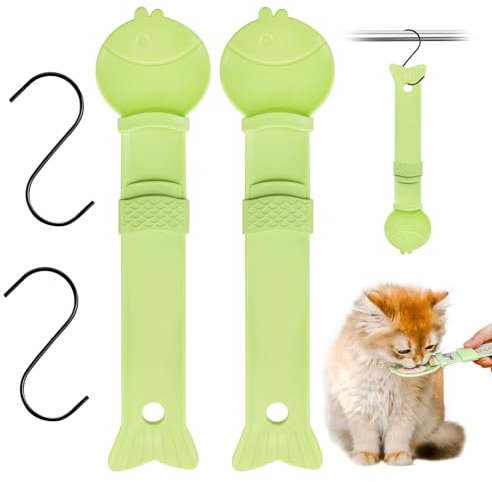 SwirlColor Cat Spoon, 2Pcs Green Cute Fish Shape Cat Happy Spoon Cat Treat Spoon Squeeze with Hanging Hole for Wet Food